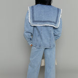 Jill Oversized Collar Lace Trim Denim Jacket