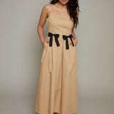 Sienna Contrast Bow Detail Midi Dress - Khaki