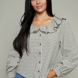 Makenna Gingham Ruffled Collar Blouse - Olive/White