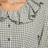 Makenna Gingham Ruffled Collar Blouse - Olive/White