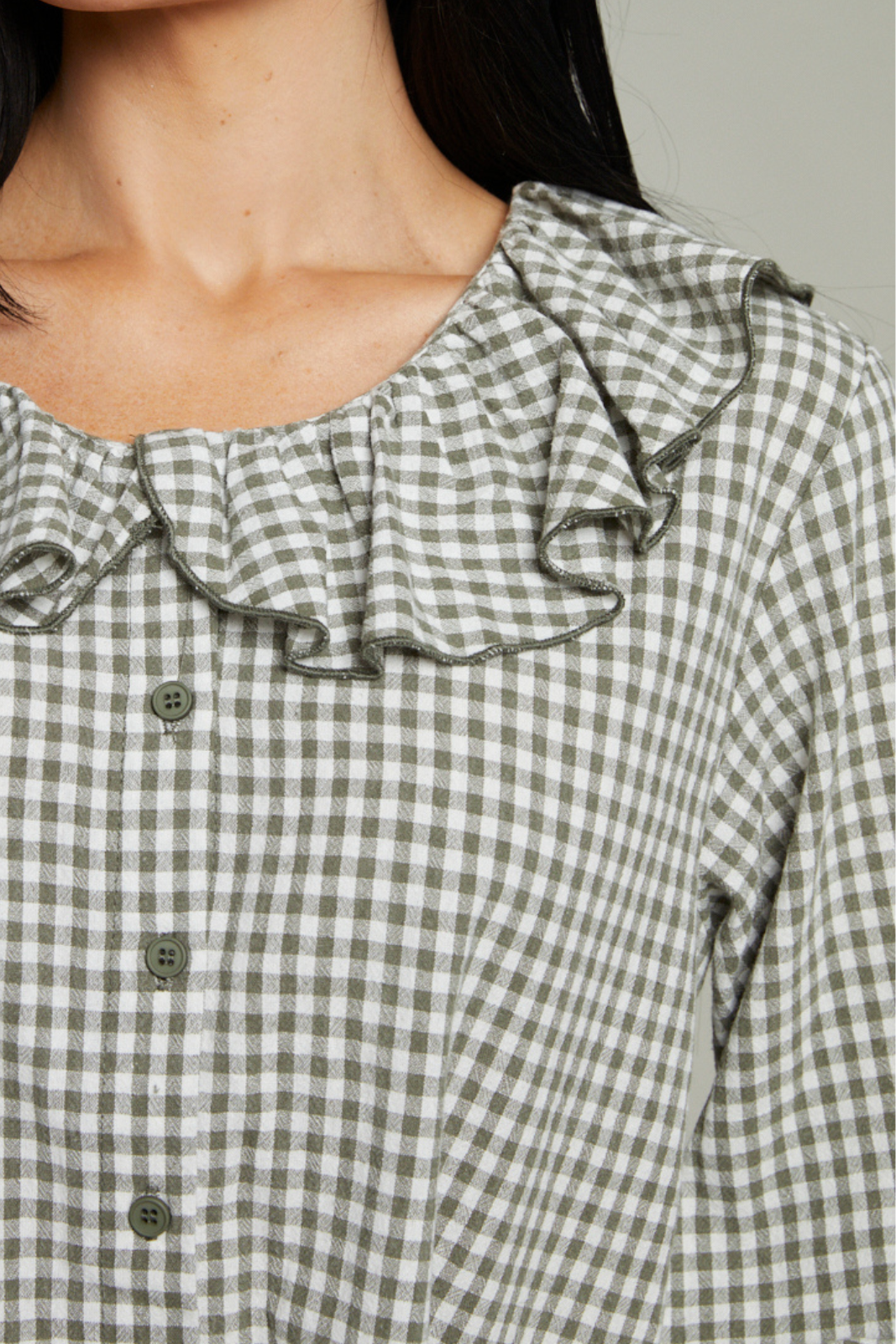 Makenna Gingham Ruffled Collar Blouse - Olive/White
