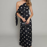 Skye Asymmetrical Satin Polka Dot Maxi Dress