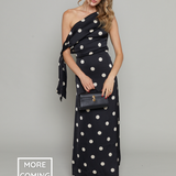 Skye Asymmetrical Satin Polka Dot Maxi Dress