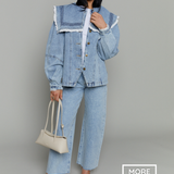 Jill Oversized Collar Lace Trim Denim Jacket