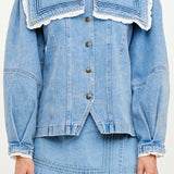 Jill Oversized Collar Lace Trim Denim Jacket