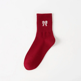 Bow Cotton Crew Socks - Red